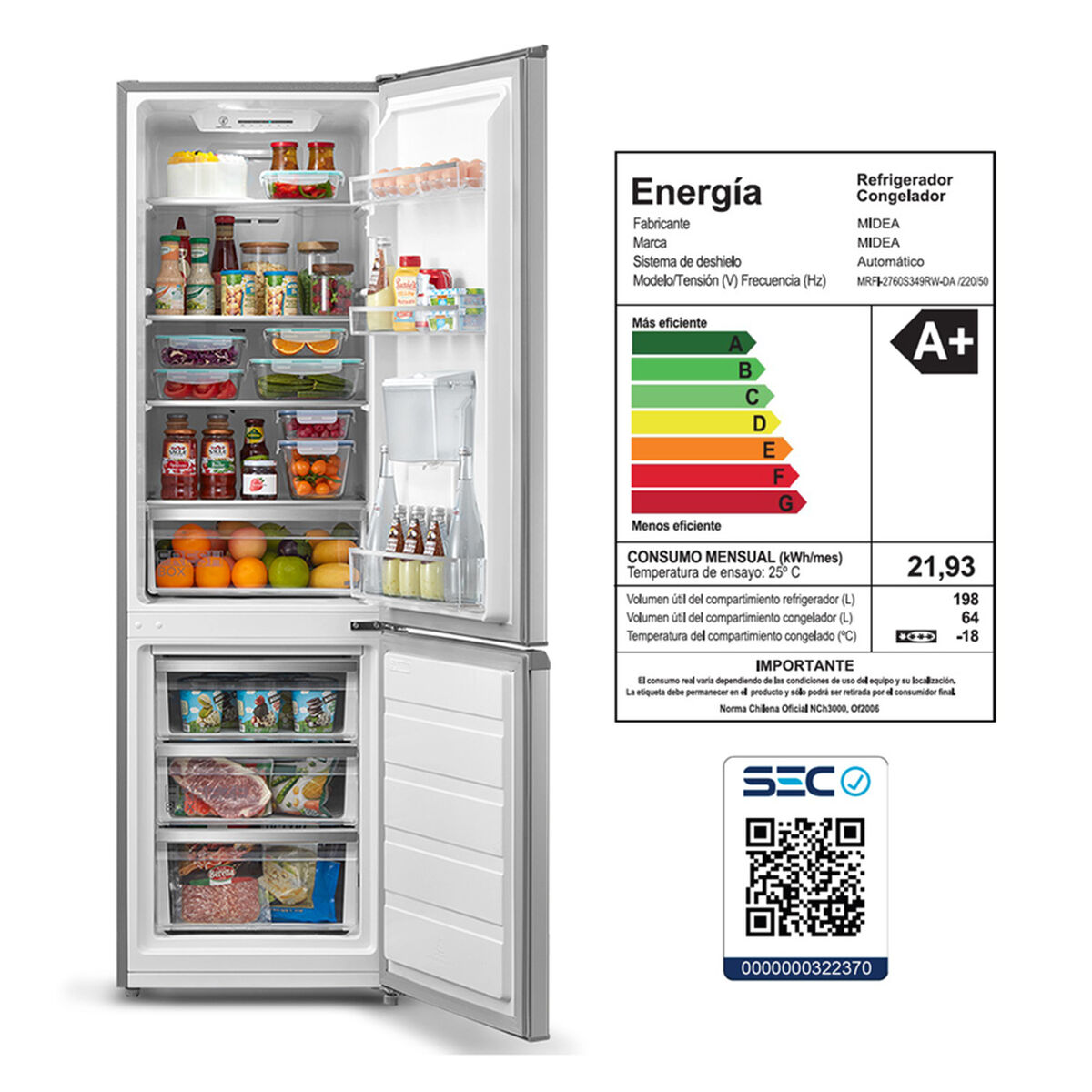Refrigerador No Frost Midea MRFI-2760S349RW-DA 262 lt.