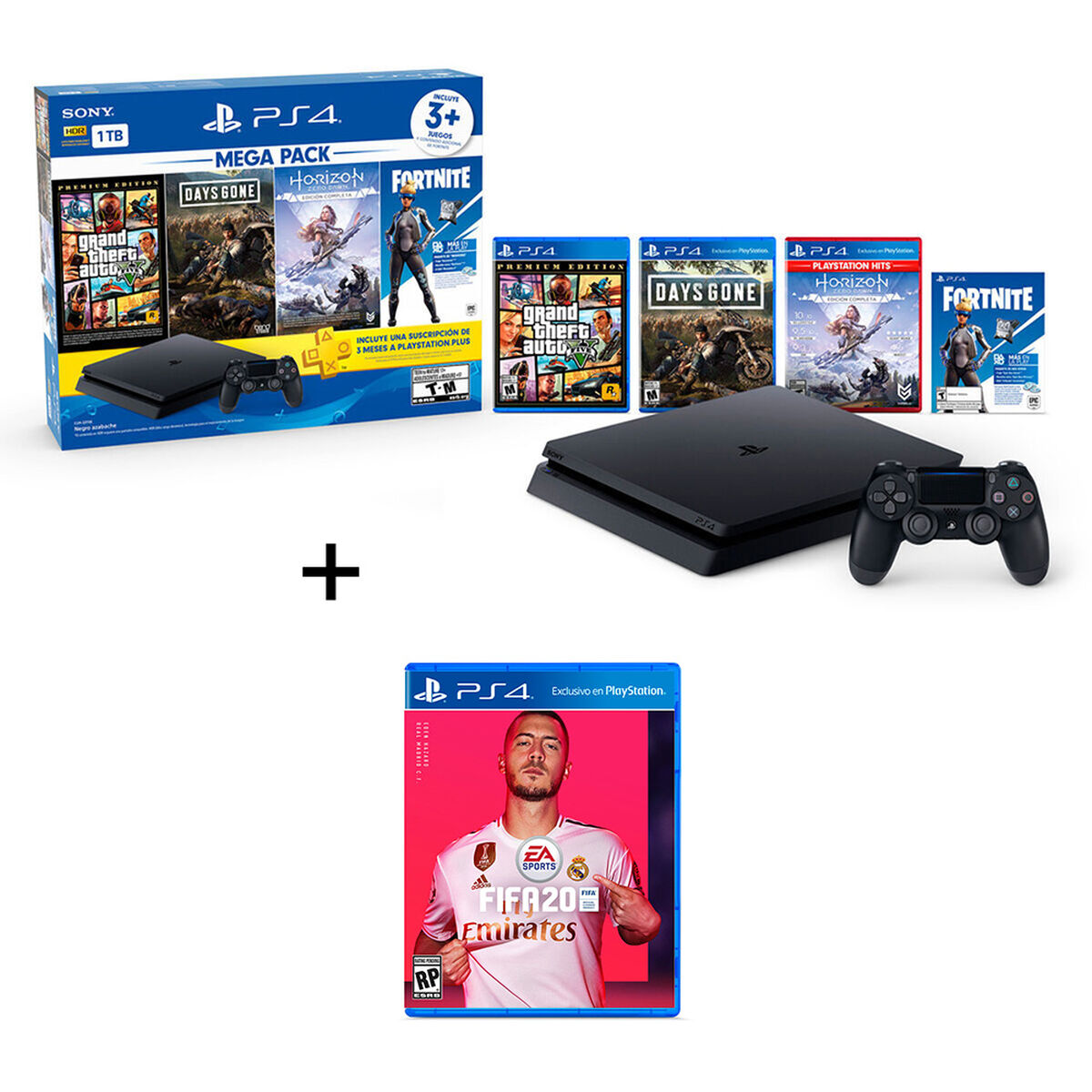 Bundle Mega Pack PS4 Slim 1TB + Control + 3 Juegos + FIFA 2020 + Cupón Fortnite