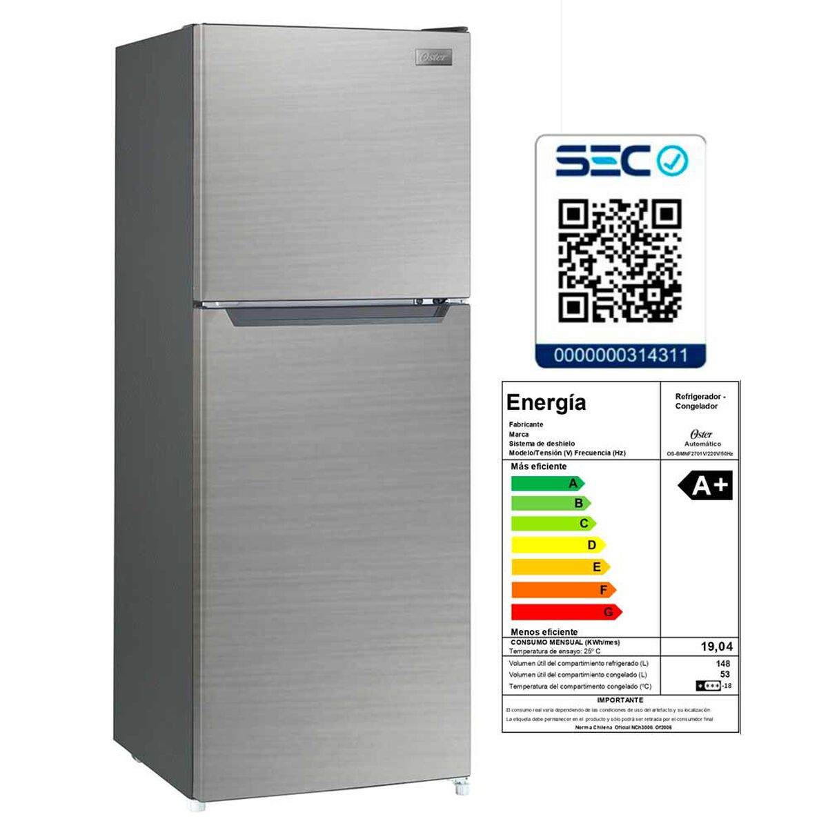 Refrigerador No Frost Oster OS-BMNF2701V 201 lt