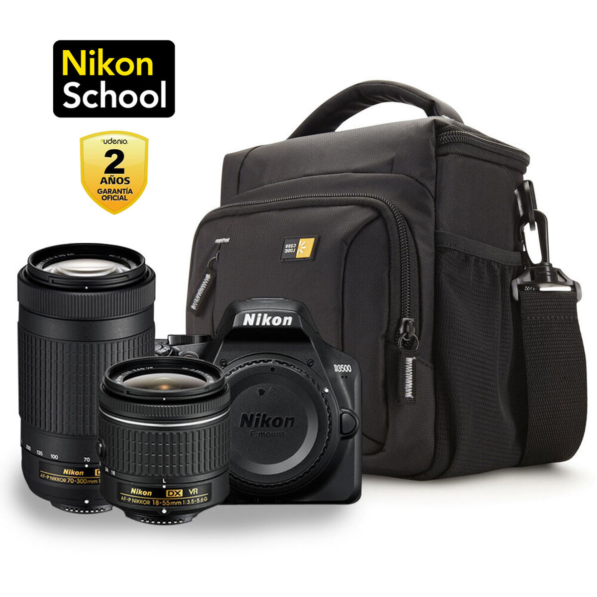 Combo Cámara Réflex Nikon D3500 + Lentes 18-55 mm y 70-300 mm + Bolso Case Logic TBC-409 + Curso Online Fotografía
