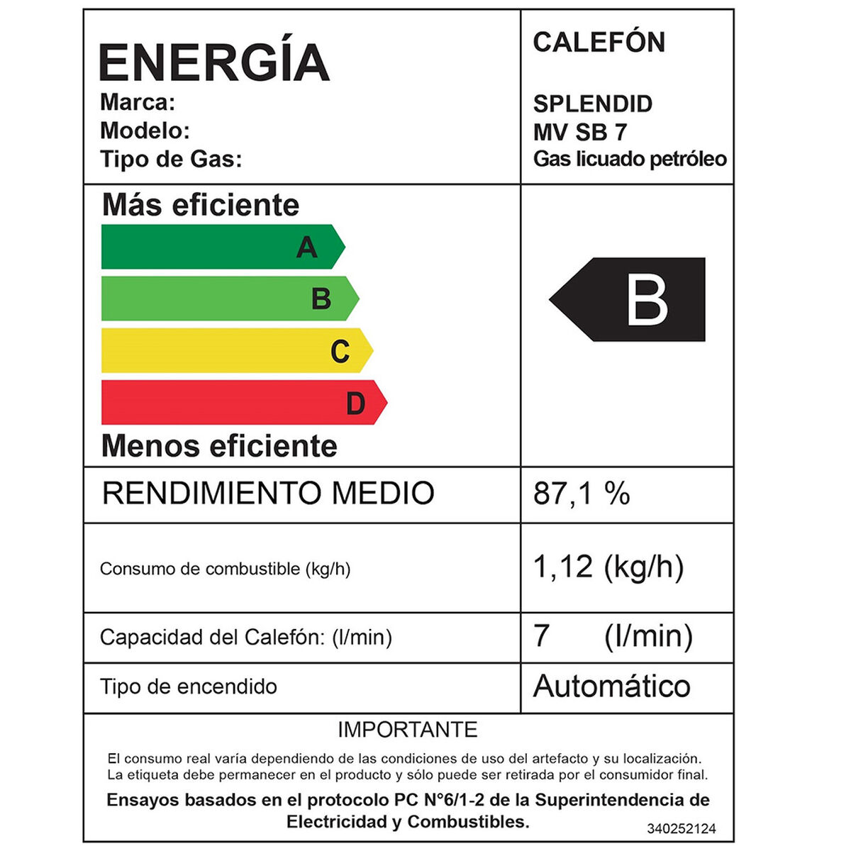 Calefont Gas Licuado Splendid Tiro Natural Ionizado 7 lts.