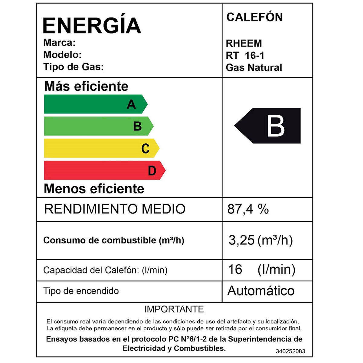 Calefont Gas Natural Rheem Tiro Natural Ionizado 16 lts.