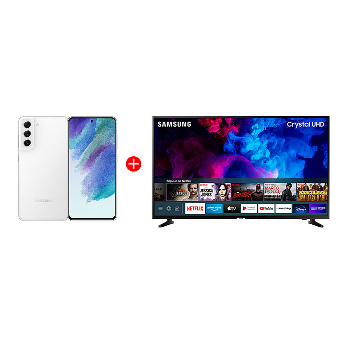 Combo Celular Samsung Galaxy S21 FE 5G 256GB 6,4" White Liberado  + LED 43" Samsung TU7090 Smart TV Crystal UHD 4K