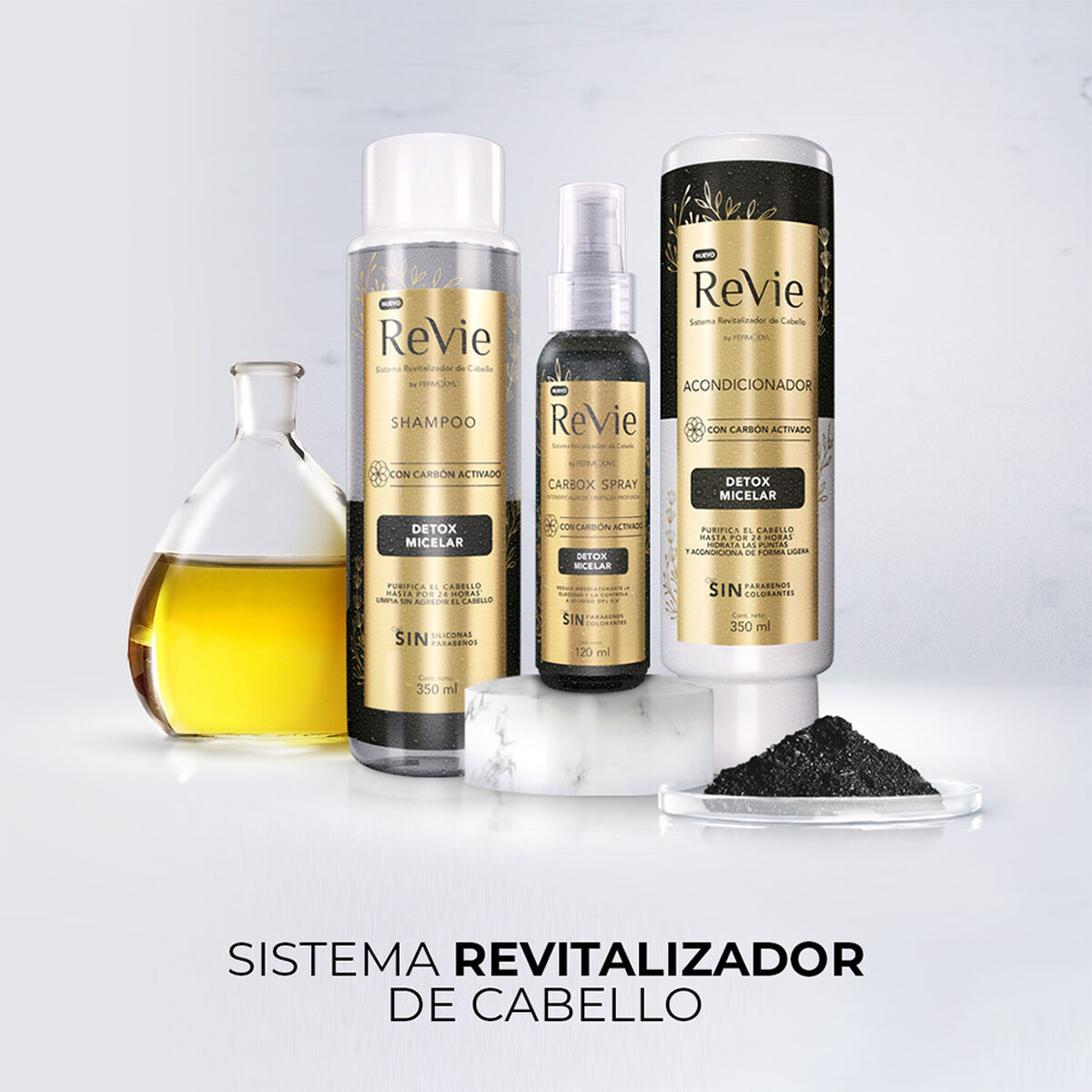 Revie Shampoo + Acondicionamiento + Spray Detox Carbón