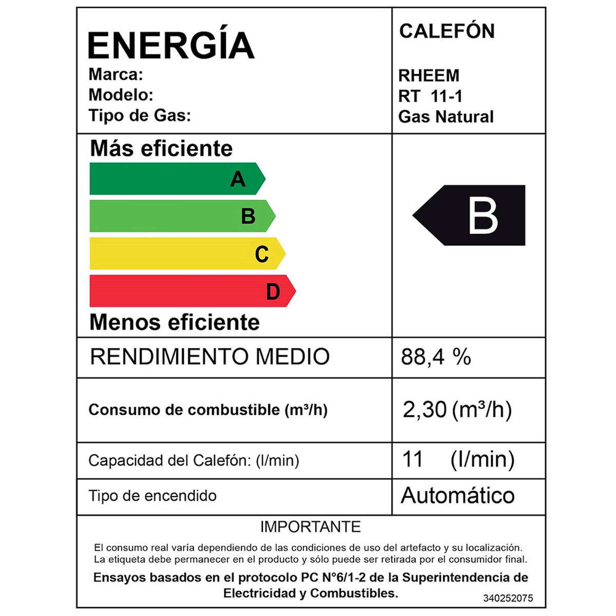 Calefont Gas Natural Rheem Tiro Natural Ionizado 11 lts.