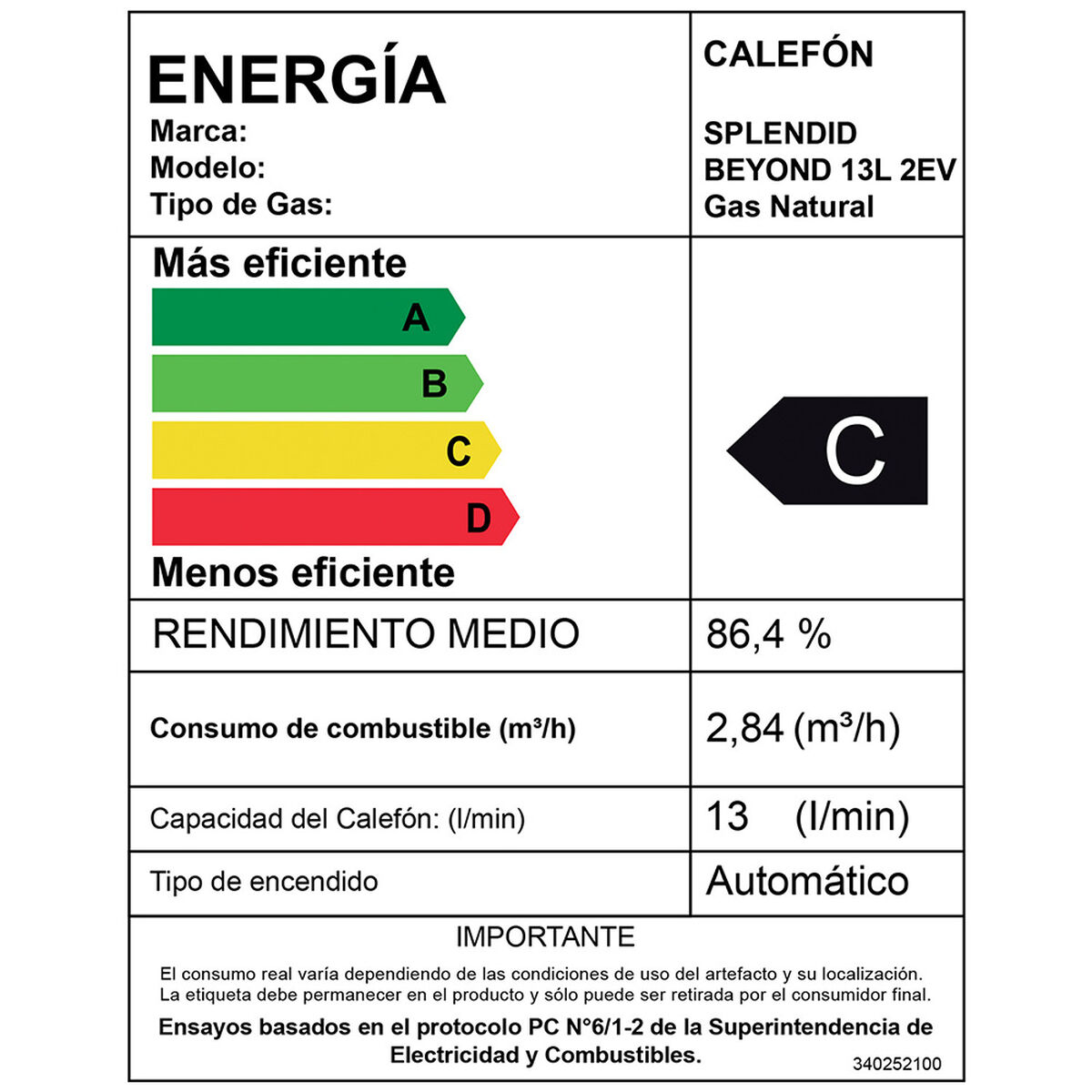 Calefont Gas Natural Splendid  Tiro Natural Ionizado 13 lts.