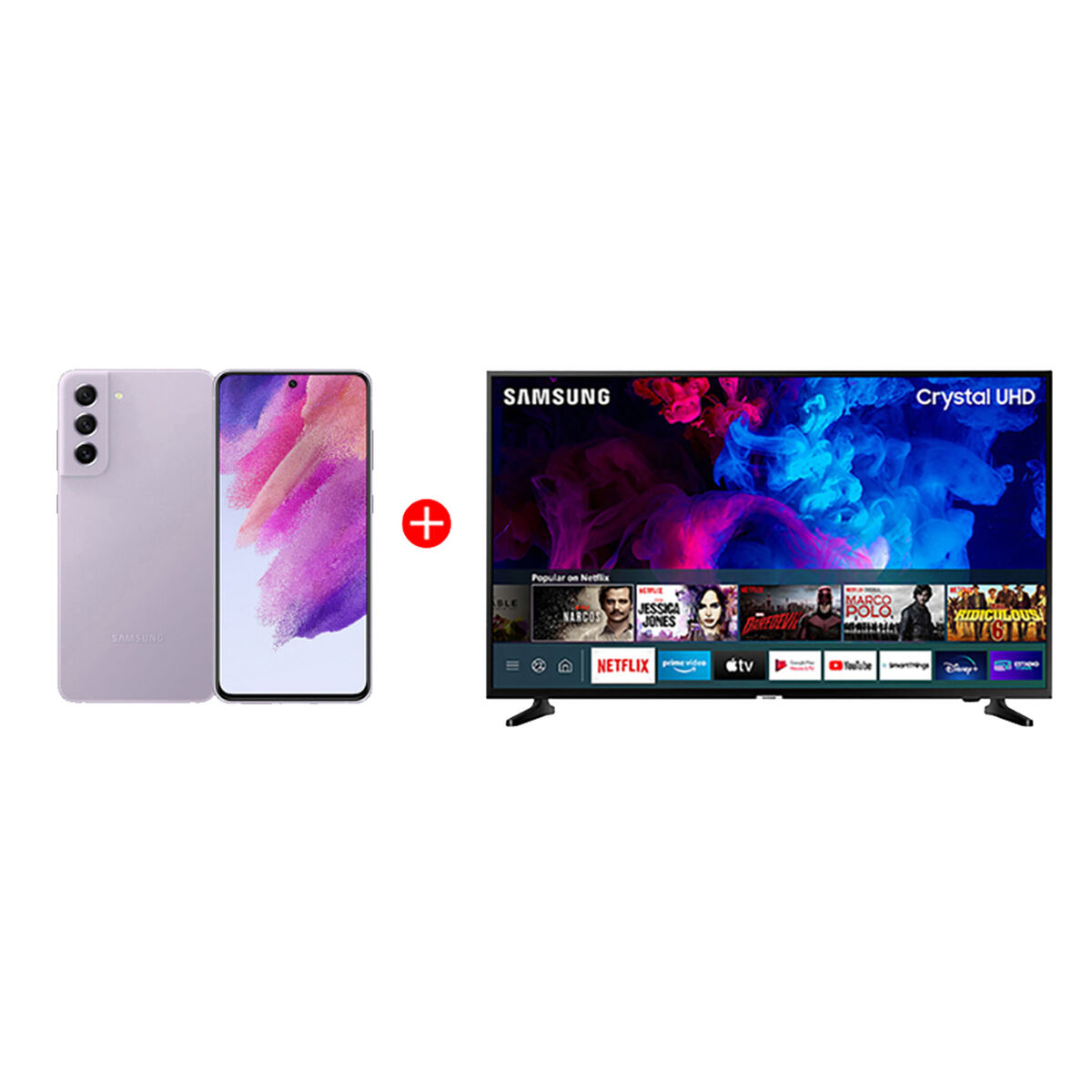 Combo Celular Samsung Galaxy S21 FE 5G 256GB 6,4" Lavender Liberado + LED 43" Samsung TU7090 Smart TV Crystal UHD 4K