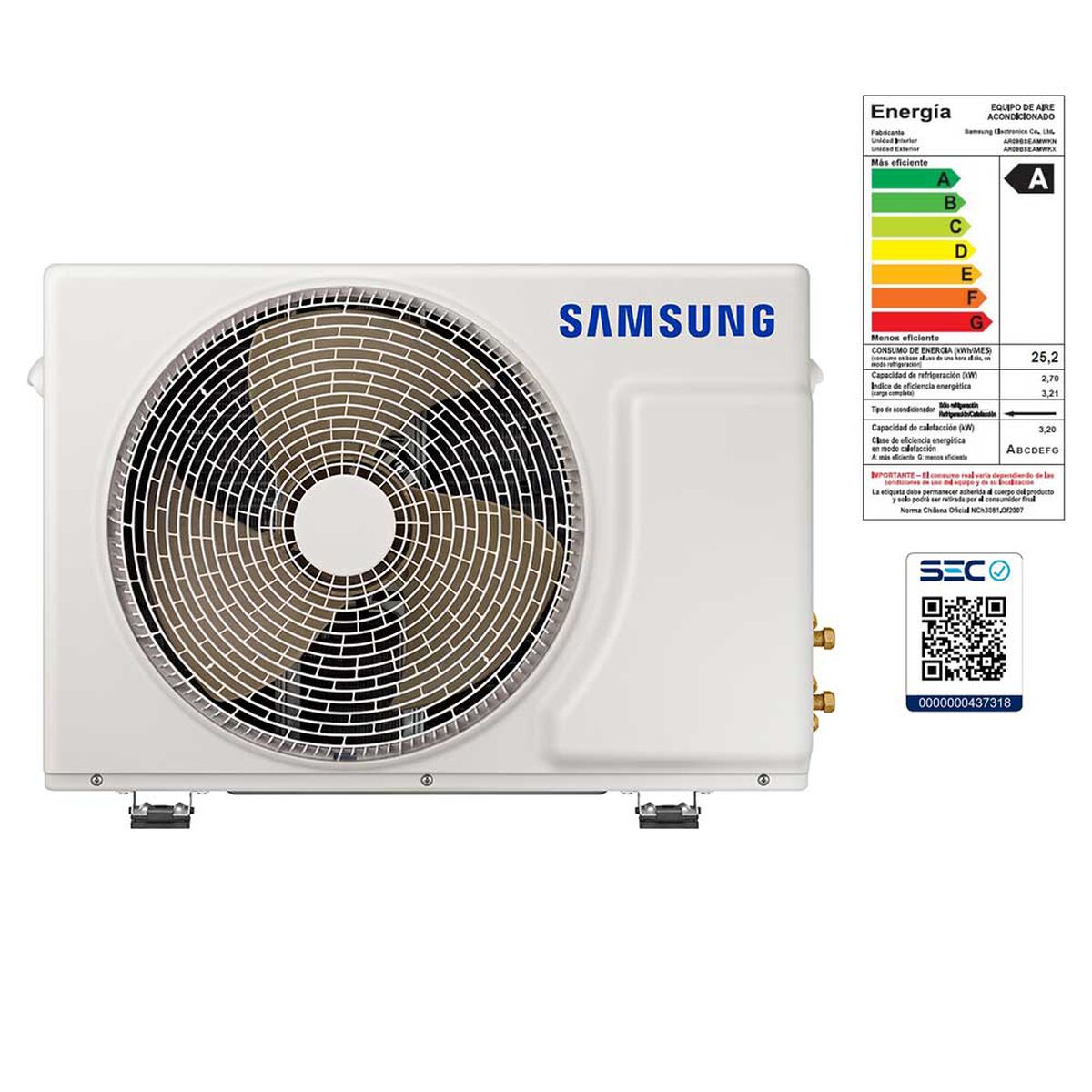 Aire Acondicionado Samsung AR09BSEAMWK/ZS Wind-Free Inverter 9000 BTU Frío-Calor WiFi