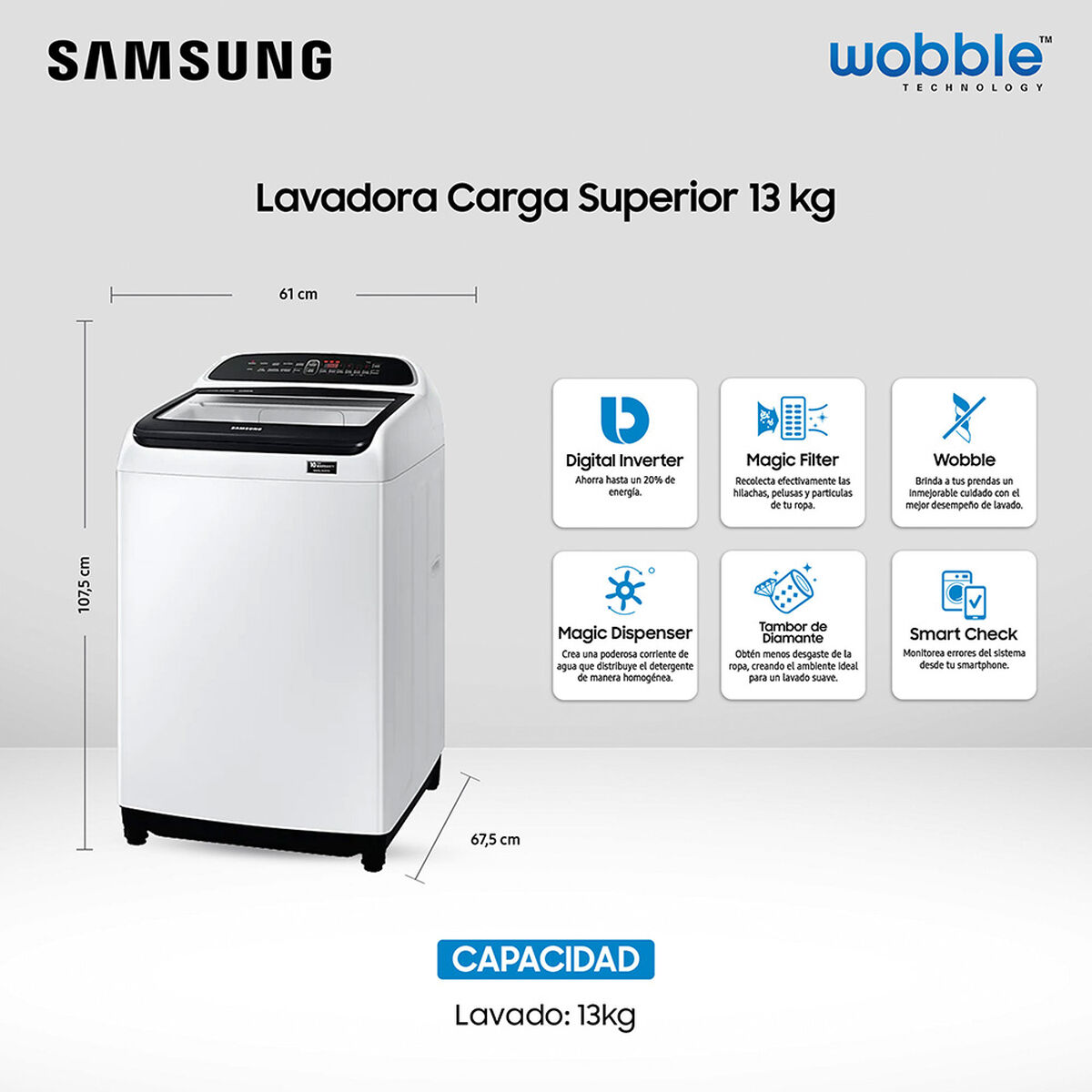 Lavadora Automática Samsung WA13T5260BW/ZS 13 kg.
