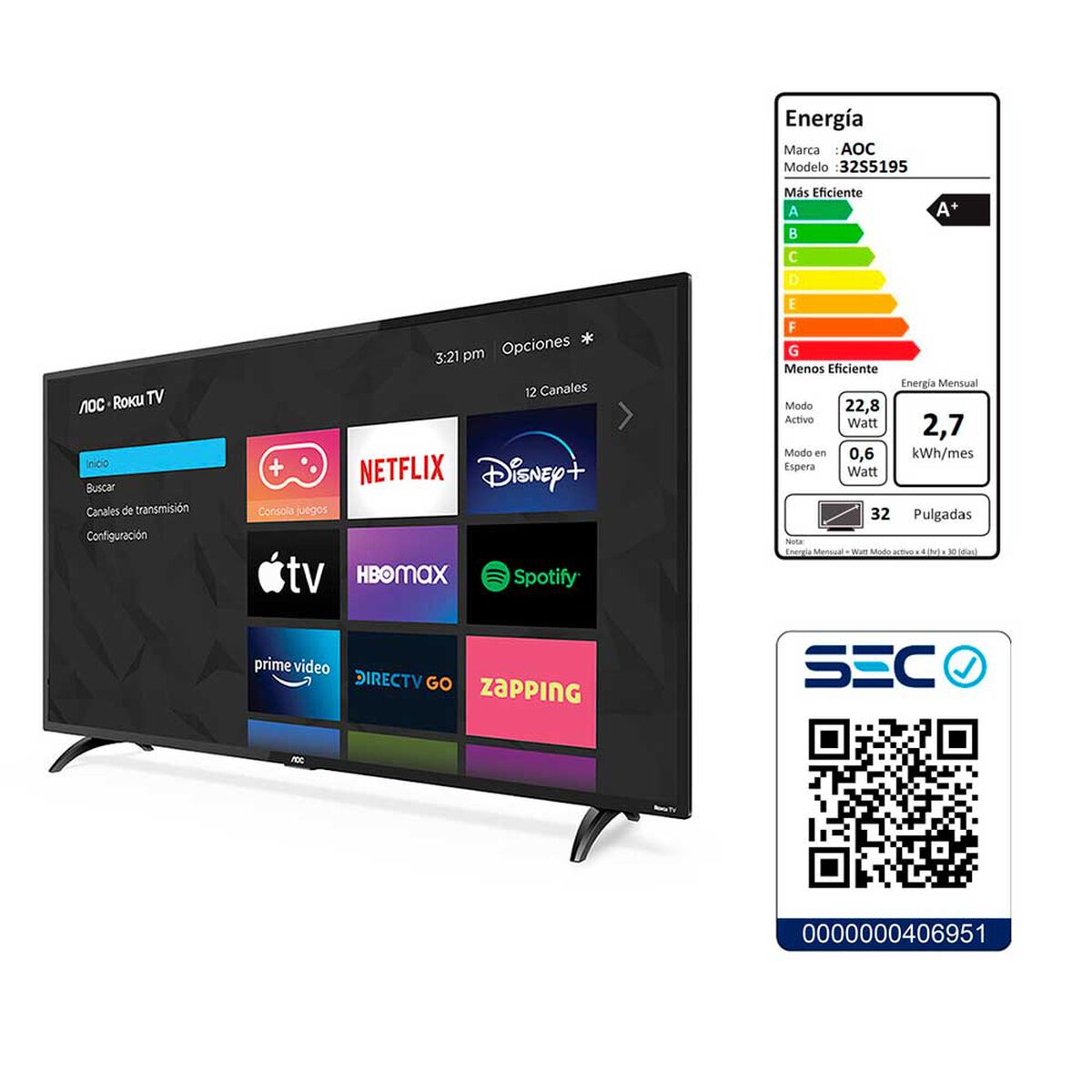 LED 32” AOC 32S5195 Roku Smart TV HD