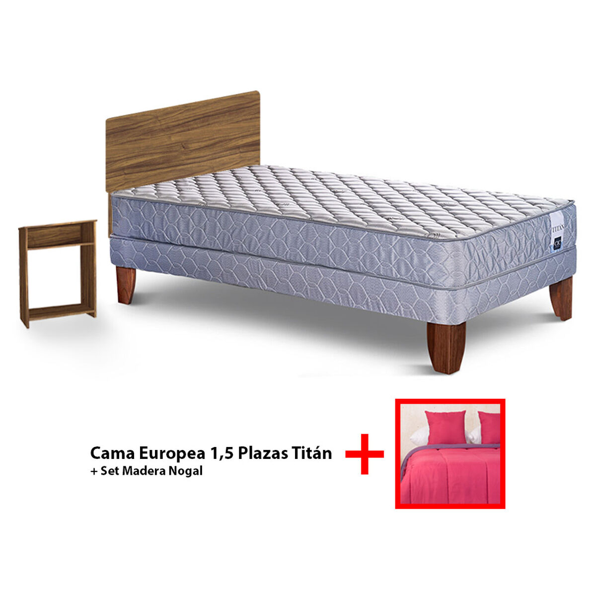 Combo Cama Europea CIC 1,5 Plazas Titán + Set Plumon Bicolor + 2 Cojines + Set Maderas Nogal