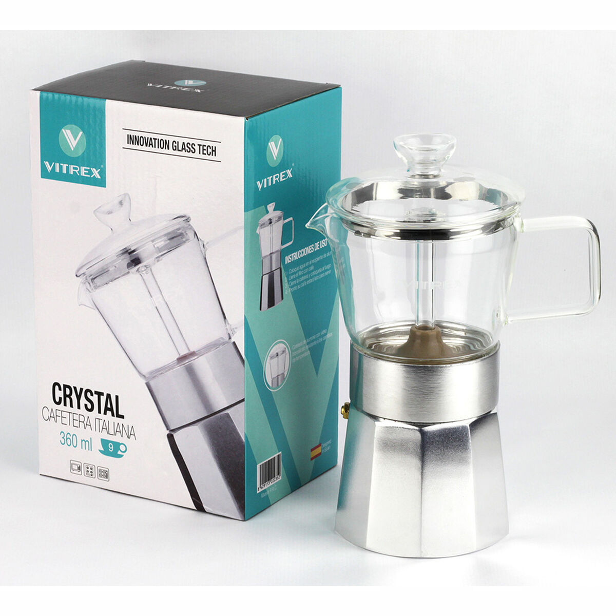 Cafetera de Vidrio Borosilicato y Aluminio Vitrex Crystal + 6 Tazas