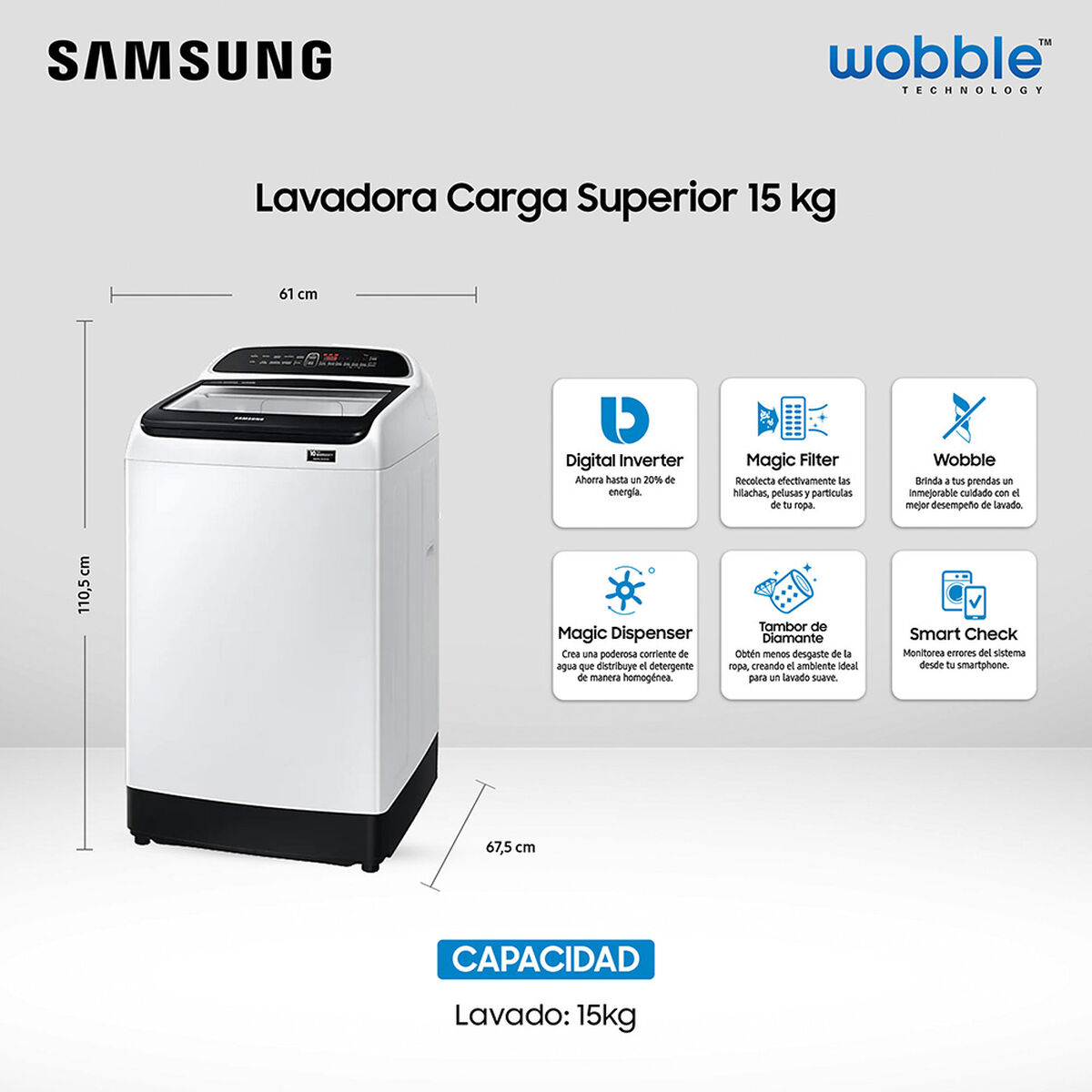 Lavadora Automática Samsung WA15T5260BW/ZS 15 kg.