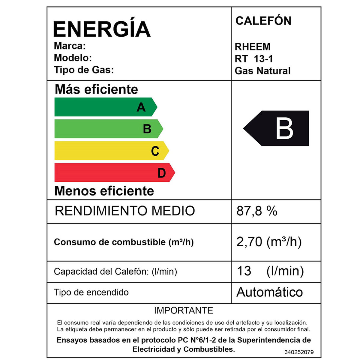 Calefont Gas Natural Rheem Tiro Natural Ionizado 13 lts.