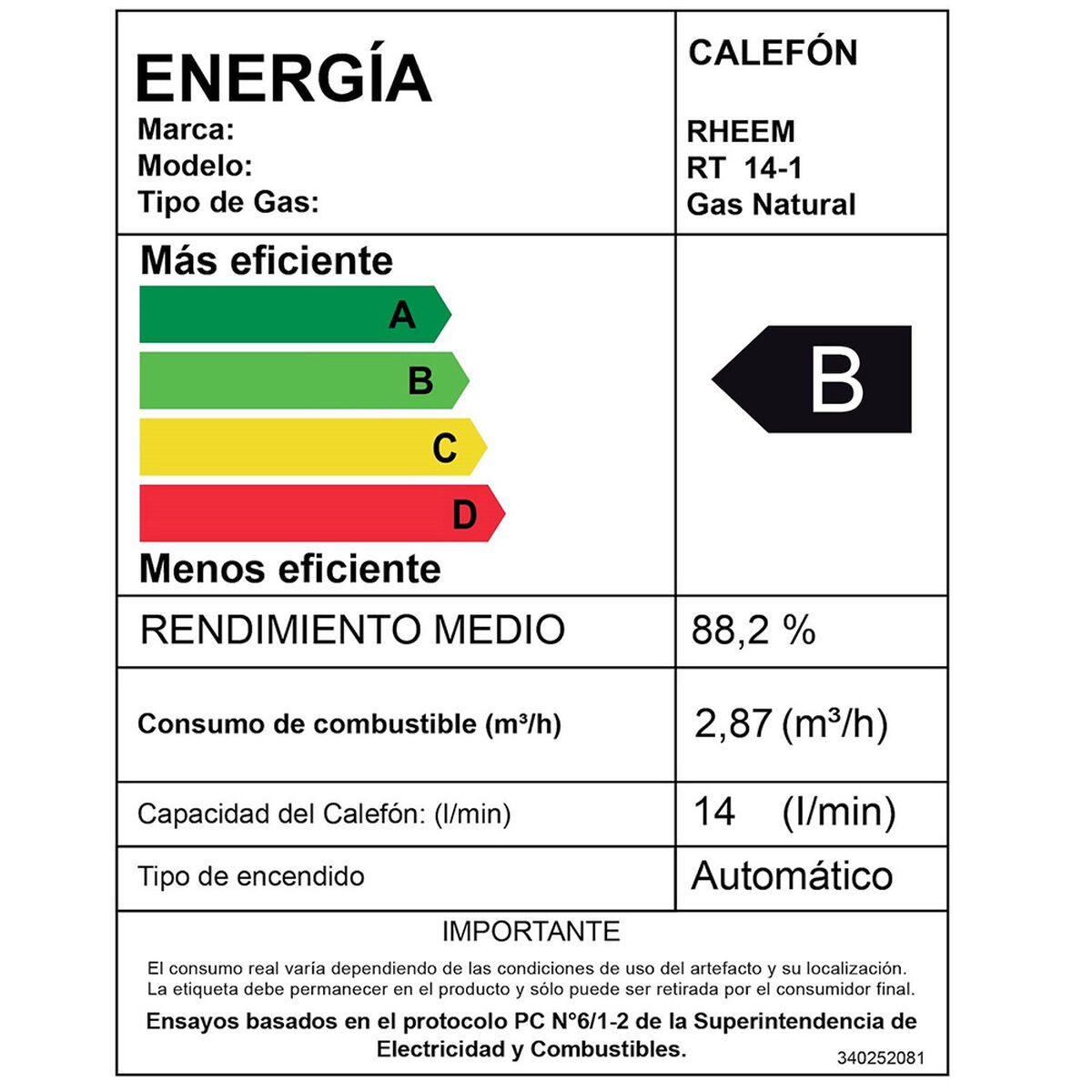 Calefont Gas Natural Rheem Tiro Natural Ionizado 14 lts.