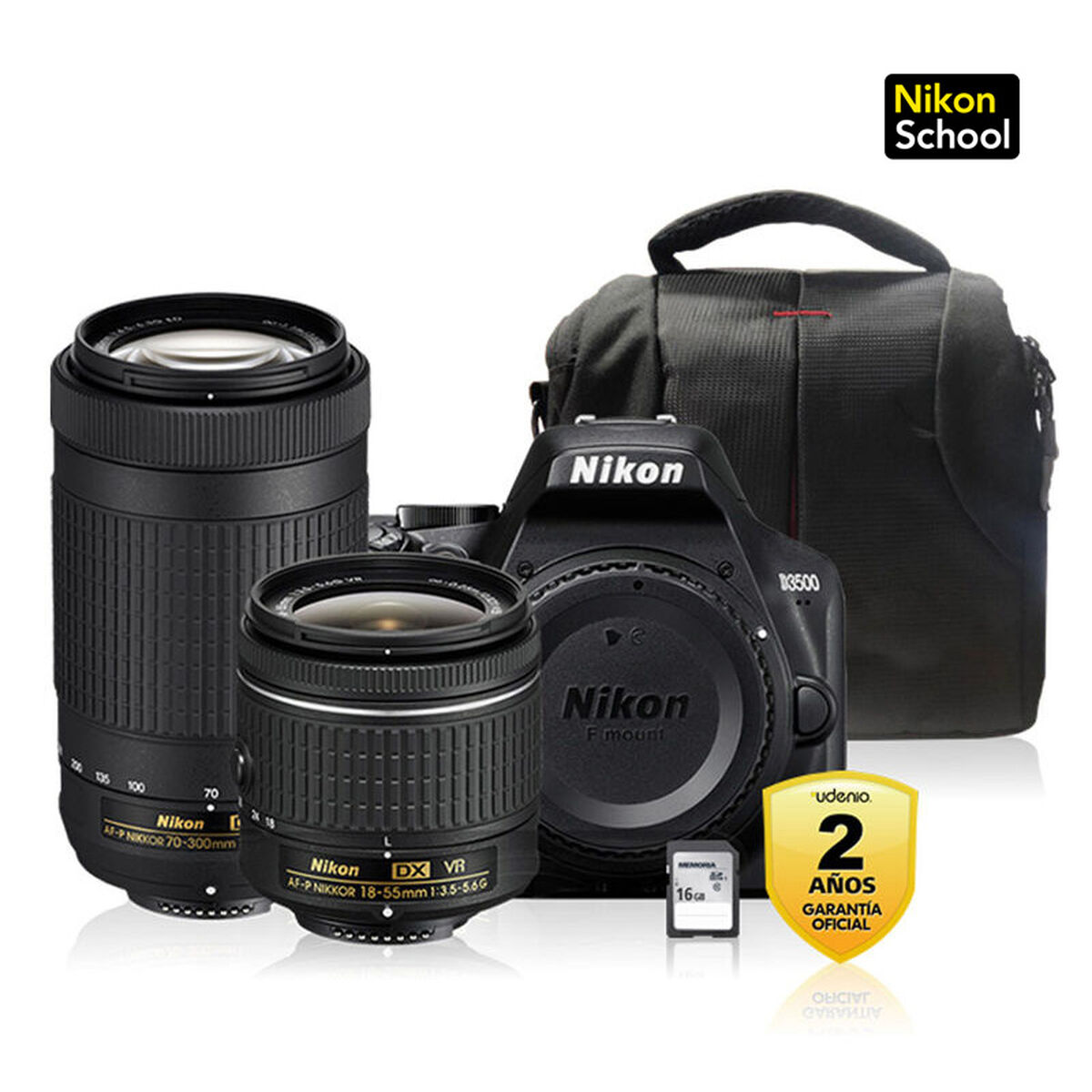 Cámara Réflex Nikon D3500 + Kit 18-55MM AF-P VR DX + 70-300MM AF-P + Bolso + Memoria 16 GB