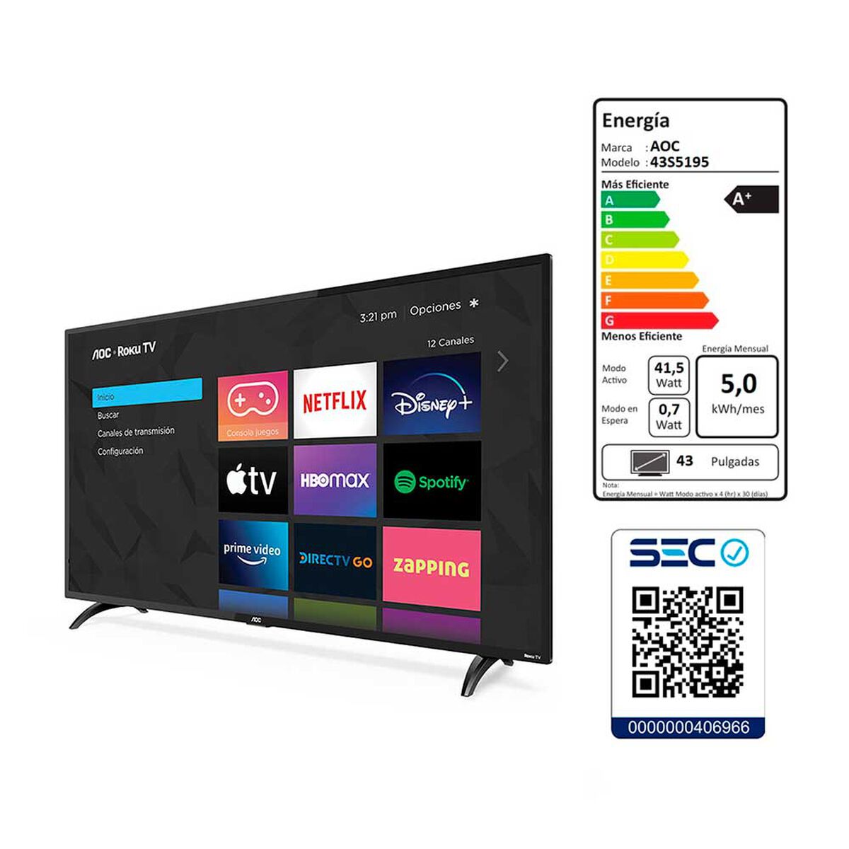 LED 43” AOC 43S5195 Roku Smart TV Full HD