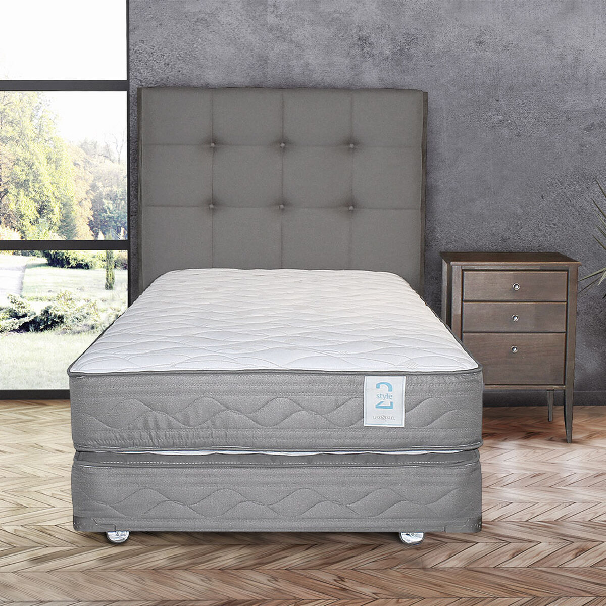 Box Spring 1,5 Plazas New Style 2 + Set Maderas Issey